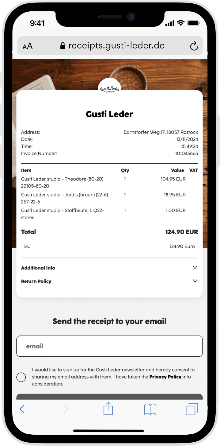 Digital receipt of Gusti Leder, provided by refive